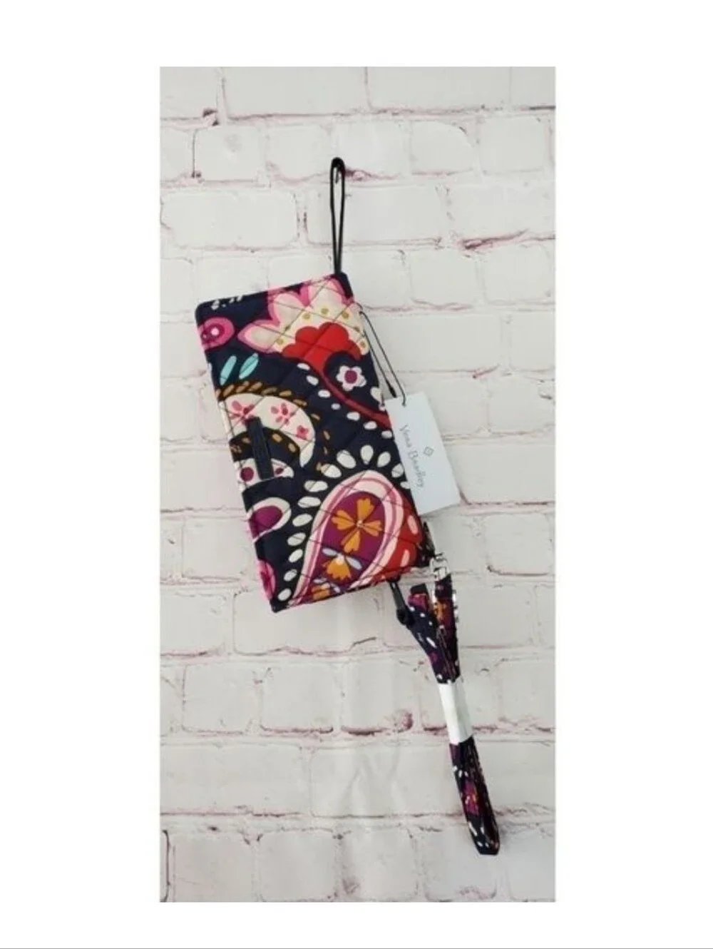 Vera Bradley Navy Wristlet with Pink, Coral & Yellow Floral Paisley